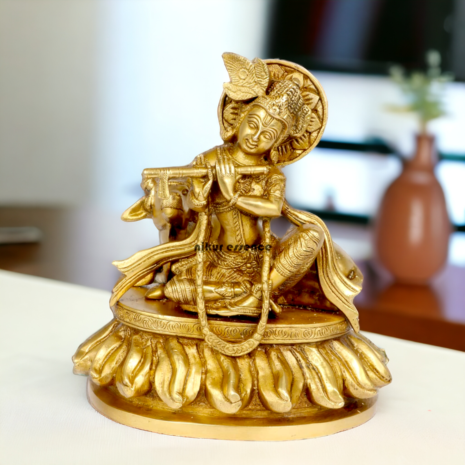 Solid Brass Krishna Sitting with Playing Flute idol - 8.5 inches Nikuressence
