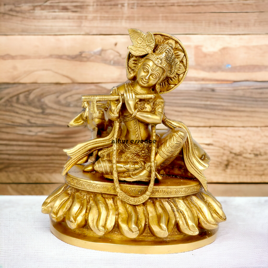 Solid Brass Krishna Sitting with Playing Flute idol - 8.5 inches Nikuressence