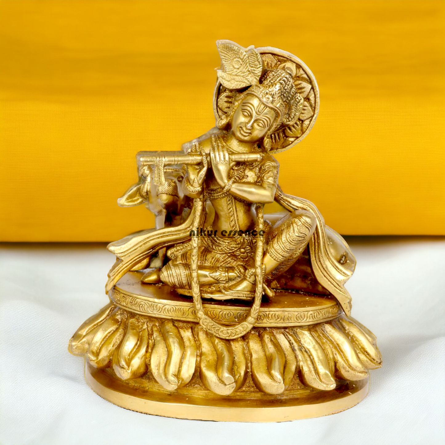 Solid Brass Krishna Sitting with Playing Flute idol - 8.5 inches Nikuressence