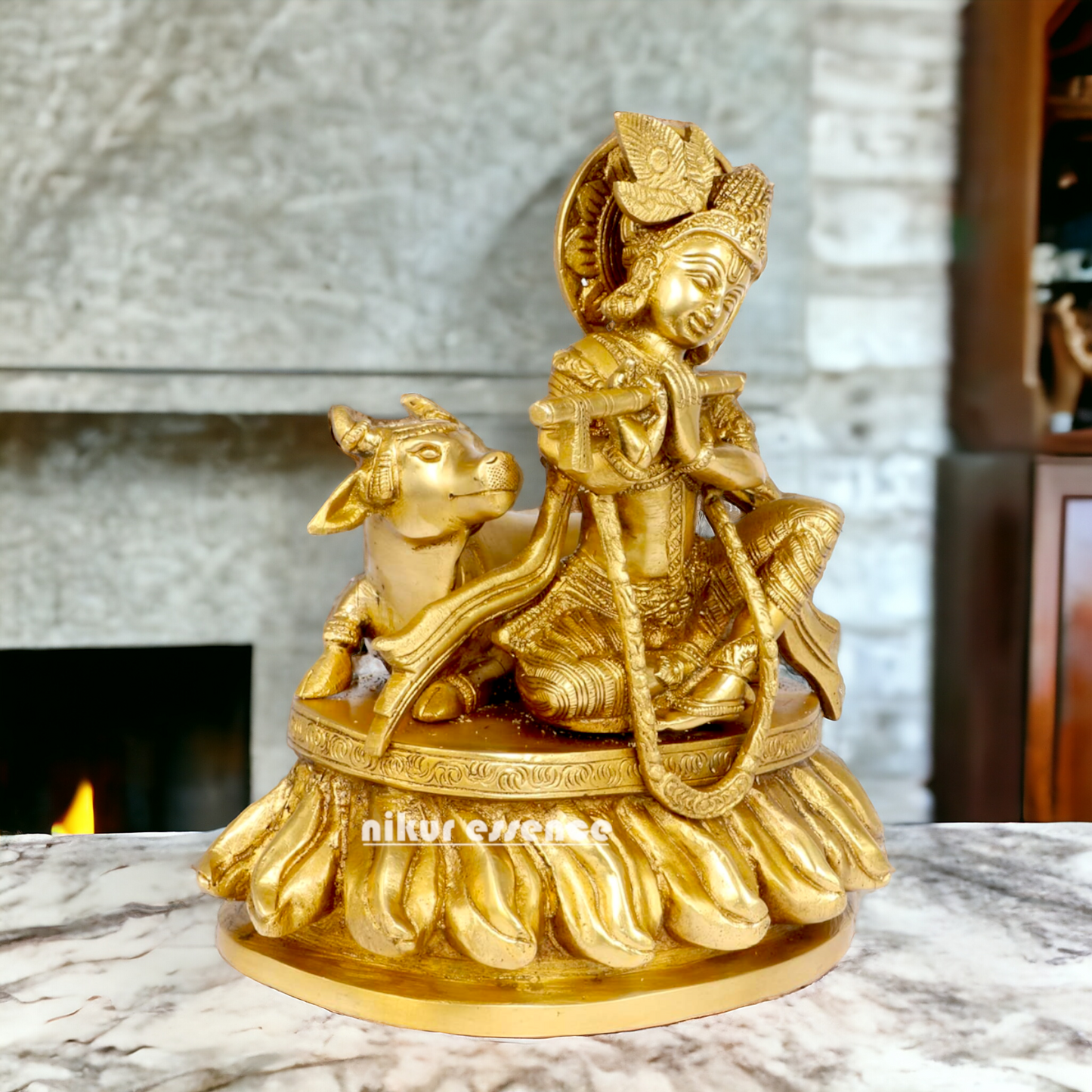 Solid Brass Krishna Sitting with Playing Flute idol - 8.5 inches Nikuressence
