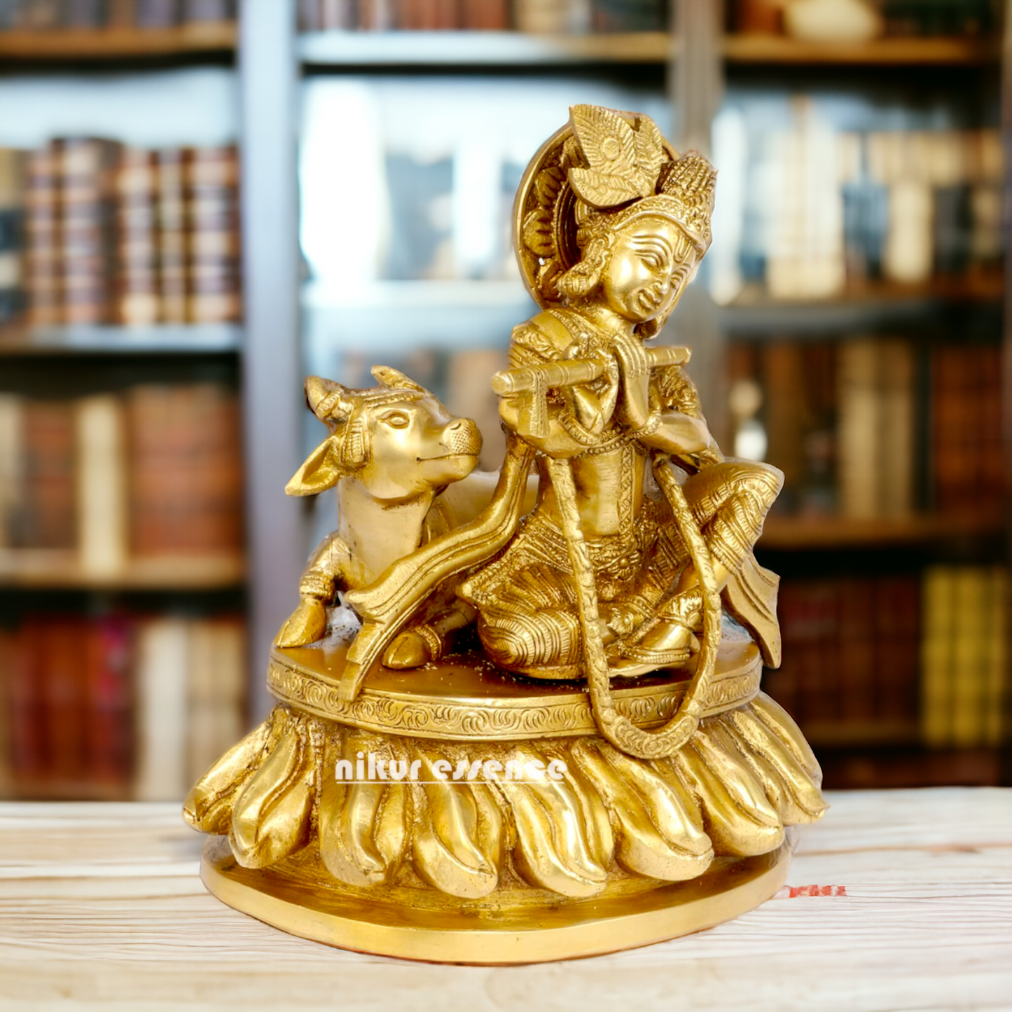 Solid Brass Krishna Sitting with Playing Flute idol - 8.5 inches Nikuressence