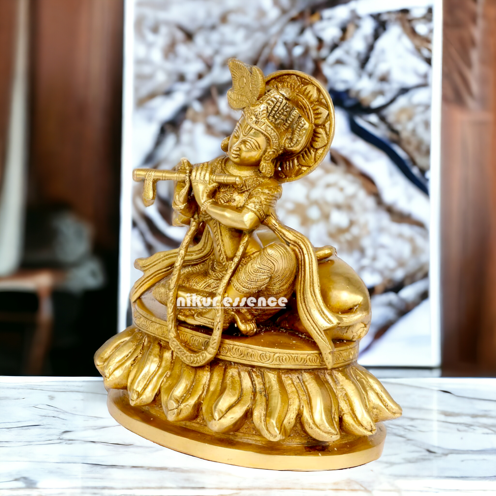 Solid Brass Krishna Sitting with Playing Flute idol - 8.5 inches Nikuressence