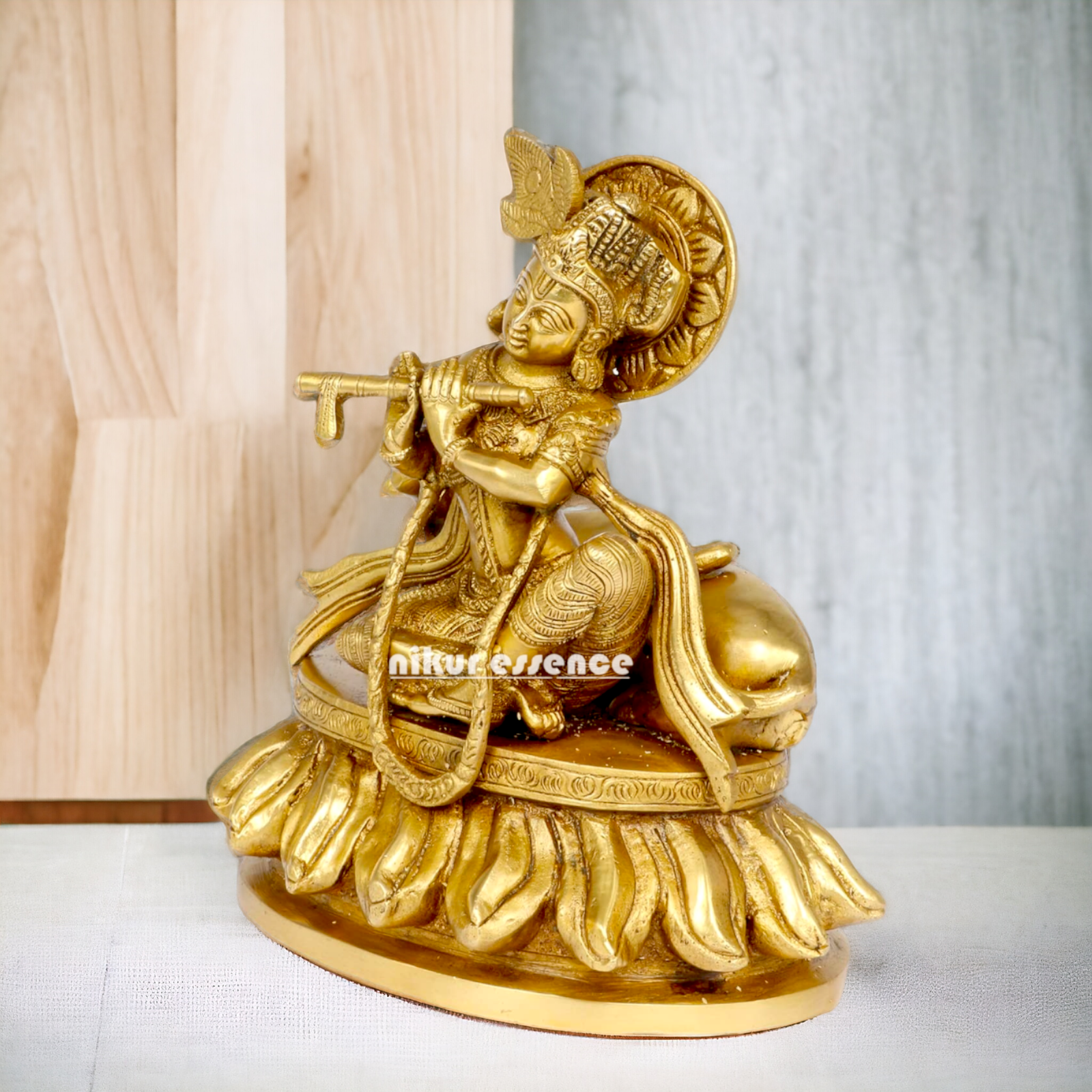 Solid Brass Krishna Sitting with Playing Flute idol - 8.5 inches Nikuressence