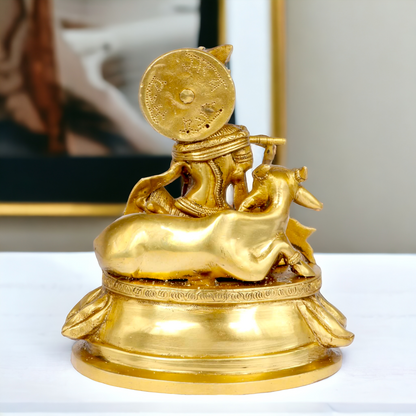 Solid Brass Krishna Sitting with Playing Flute idol - 8.5 inches Nikuressence