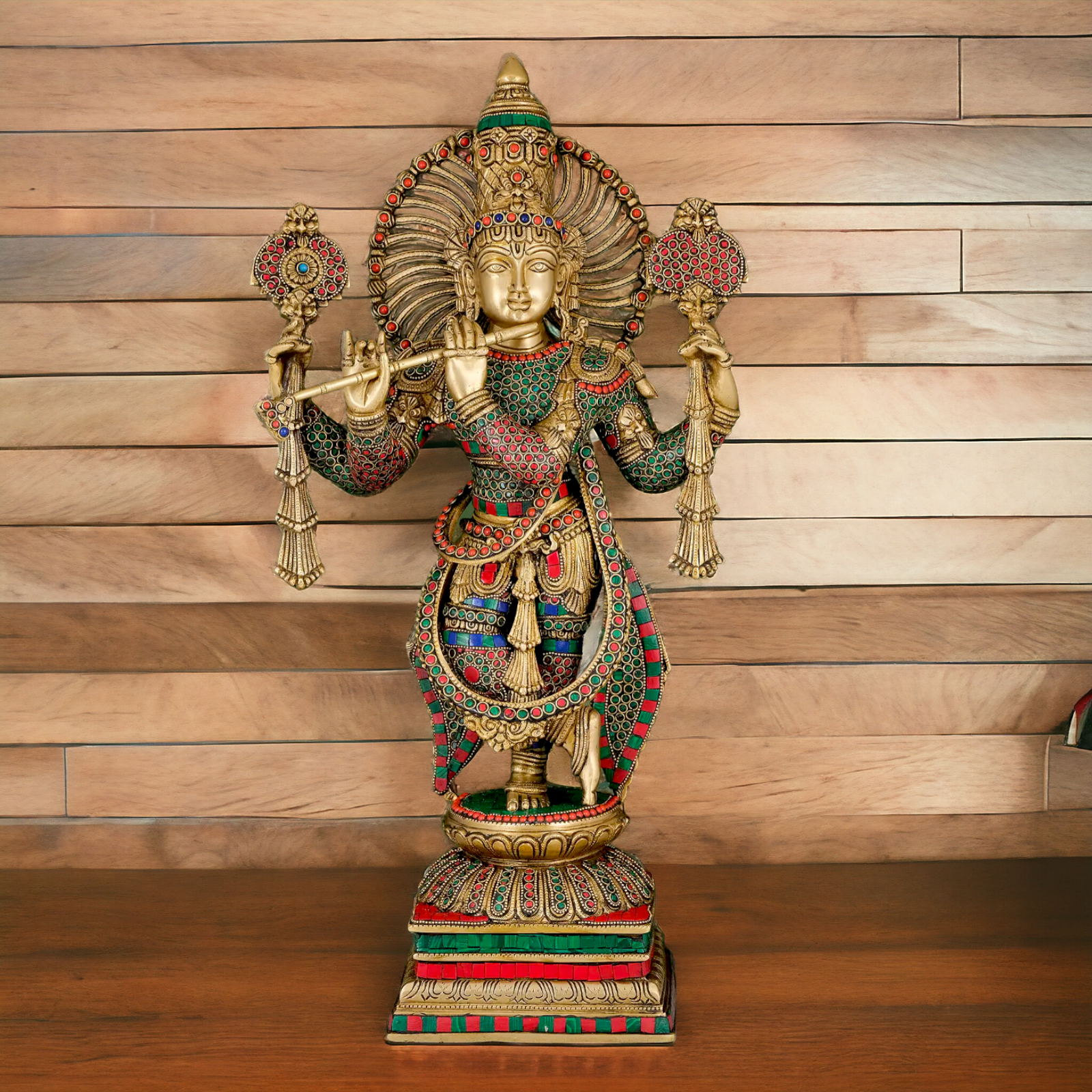 Lord Krishna Playing Flute with stone work Idol - 24 inches Nikuressence