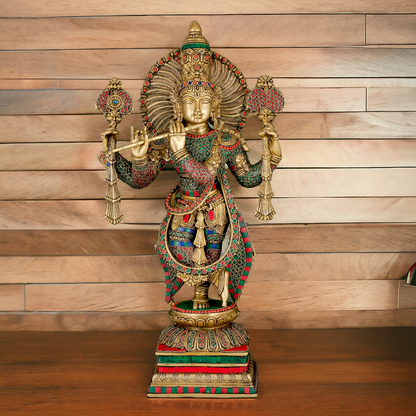 Lord Krishna Playing Flute with stone work Idol - 24 inches Nikuressence