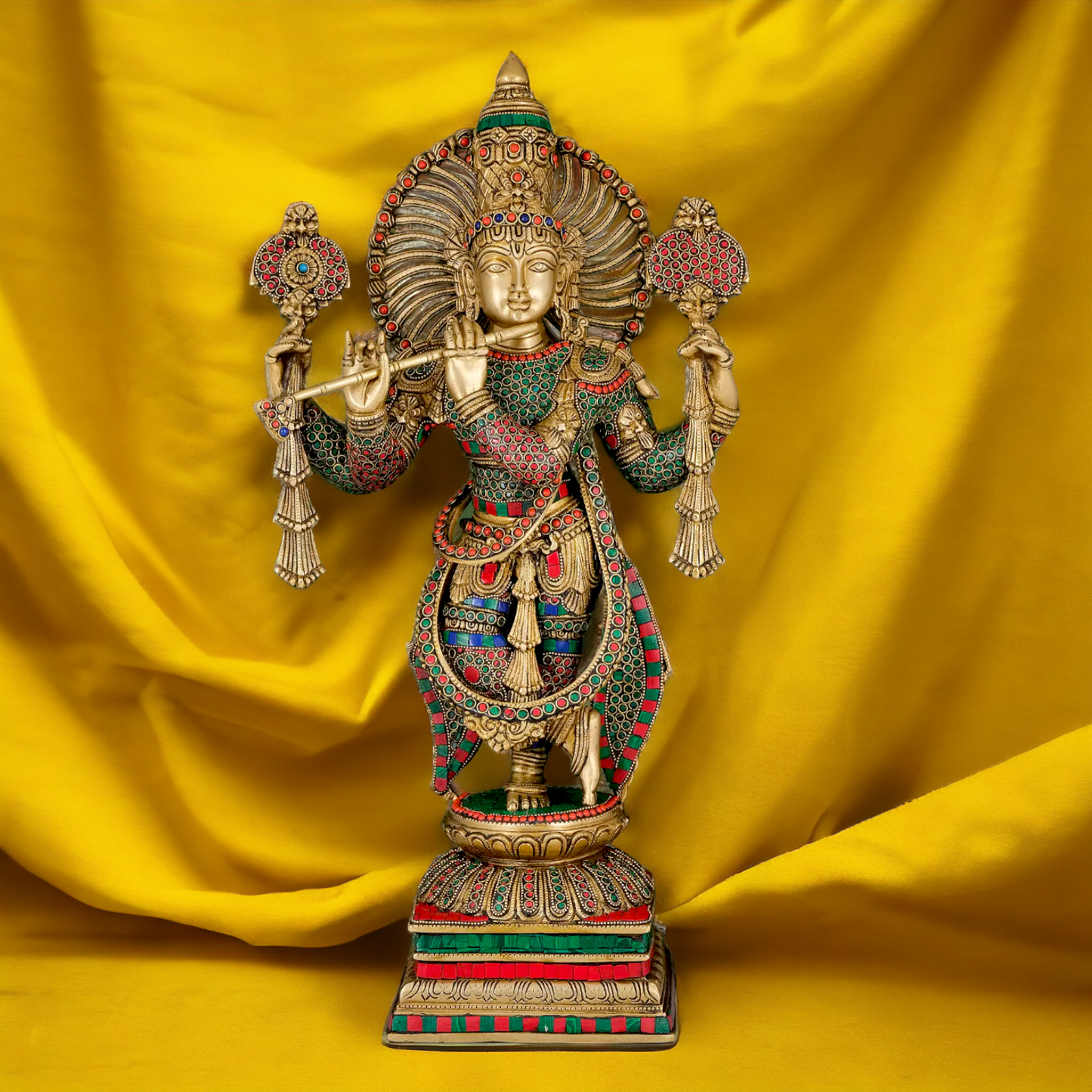 Lord Krishna Playing Flute with stone work Idol - 24 inches Nikuressence