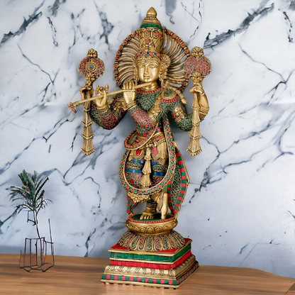 Lord Krishna Playing Flute with stone work Idol - 24 inches Nikuressence