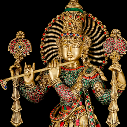 Lord Krishna Playing Flute with stone work Idol - 24 inches Nikuressence