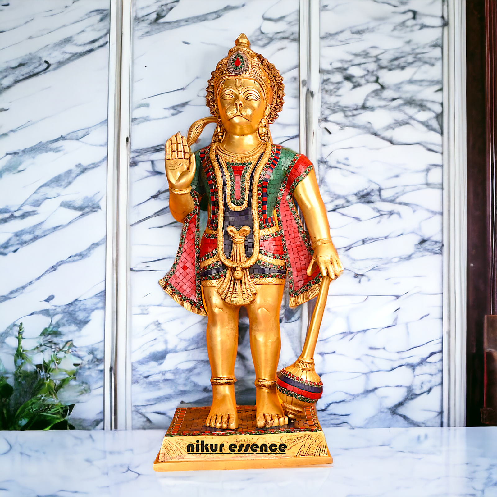 Large Brass Hanuman Bajrangbali status with stone work - 35 inches Nikuressence