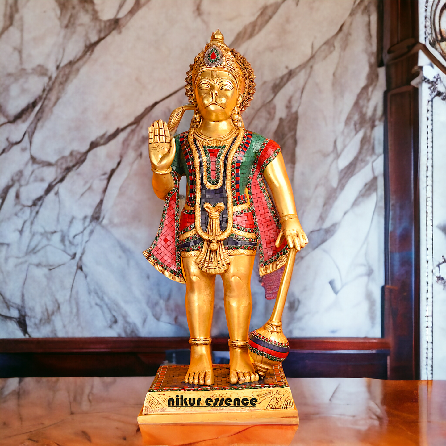 Large Brass Hanuman Bajrangbali status with stone work - 35 inches Nikuressence