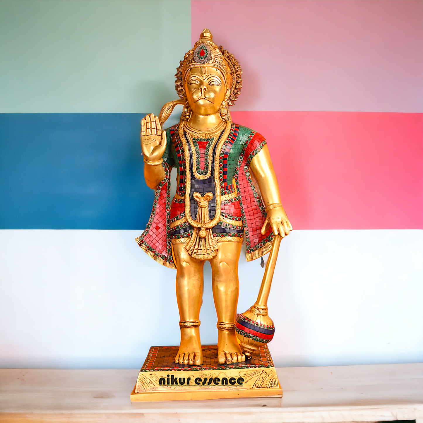 Large Brass Hanuman Bajrangbali status with stone work - 35 inches Nikuressence