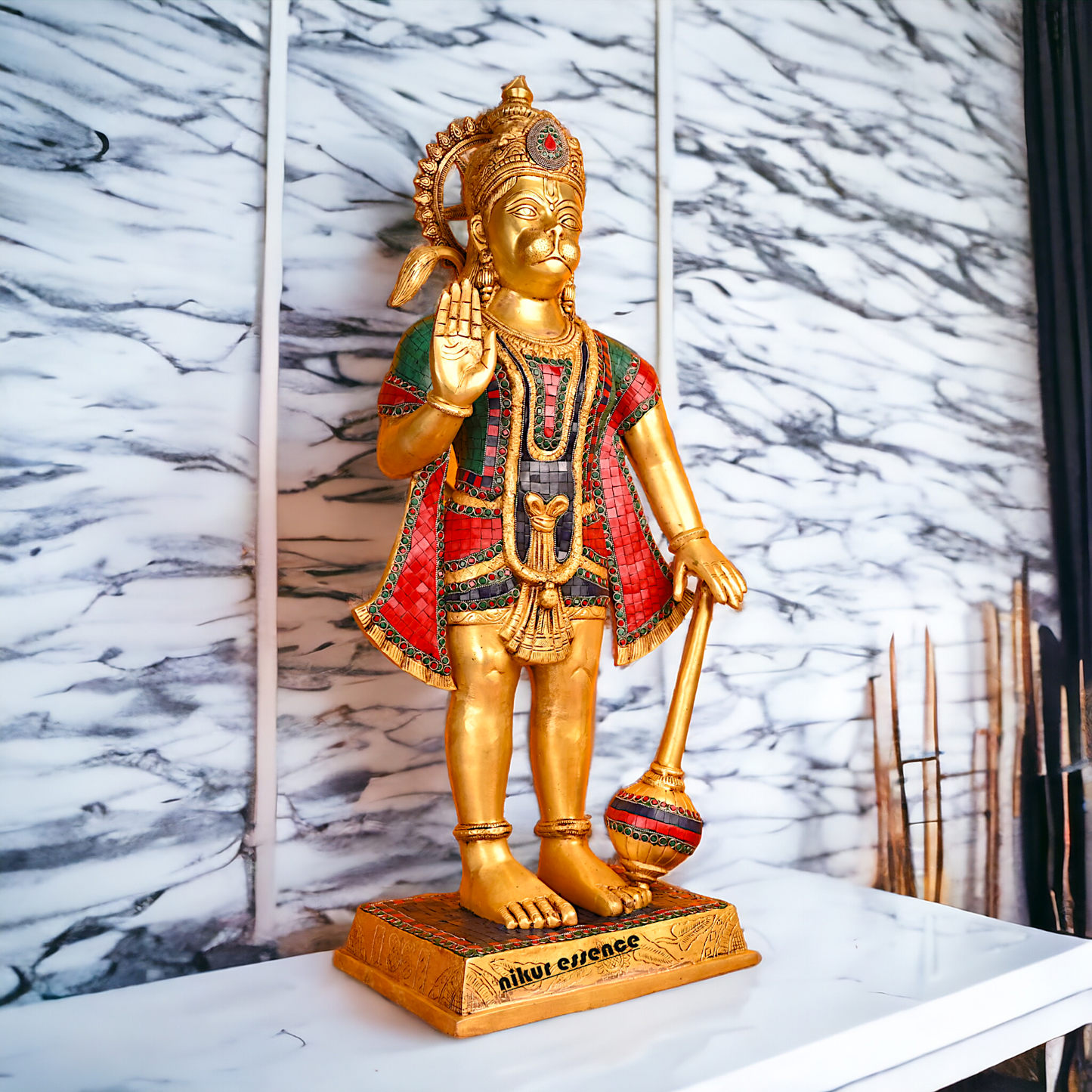 Large Brass Hanuman Bajrangbali status with stone work - 35 inches Nikuressence