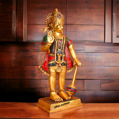 Large Brass Hanuman Bajrangbali status with stone work - 35 inches Nikuressence