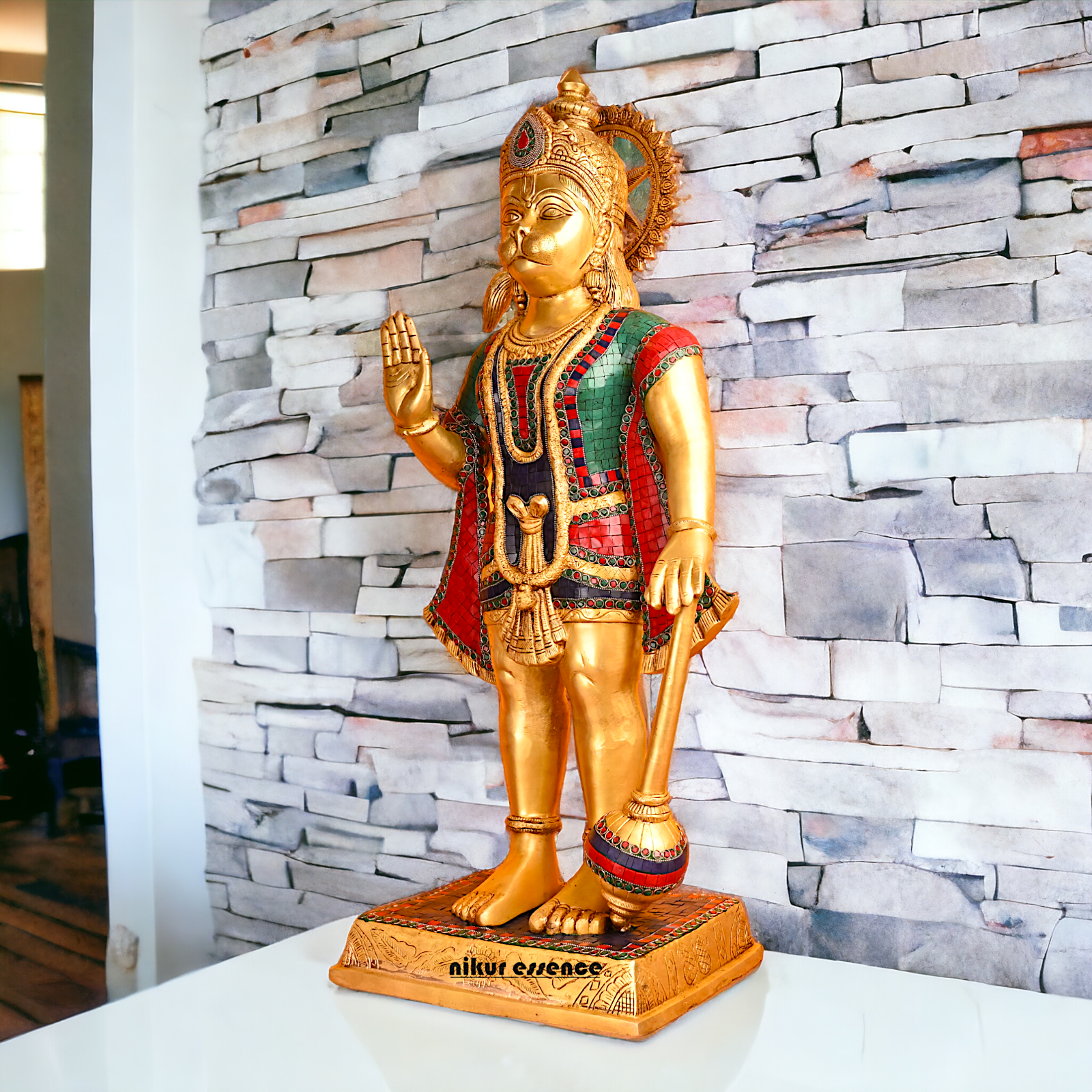 Large Brass Hanuman Bajrangbali status with stone work - 35 inches Nikuressence