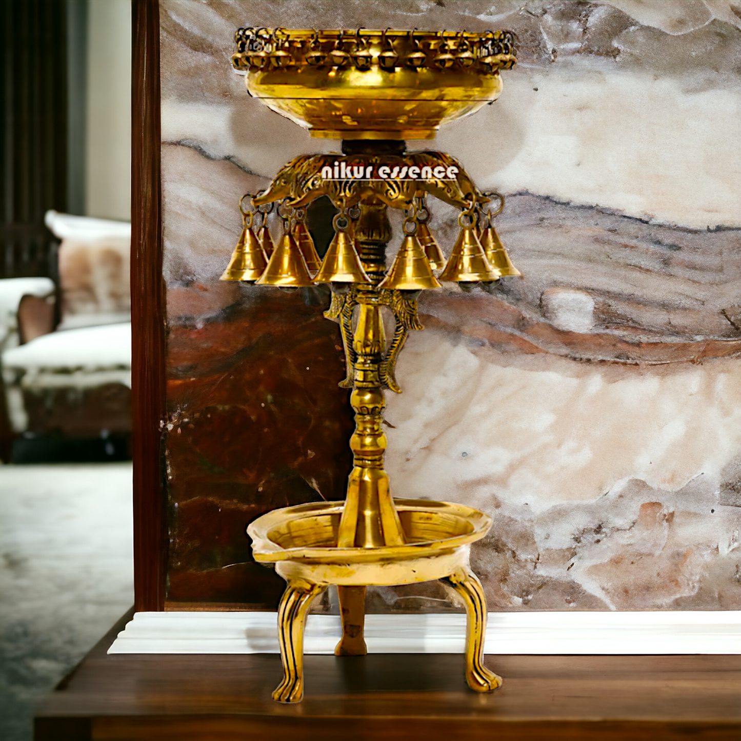 Online large Brass Urli bowl with bells - 19 inches Height Nikuressence