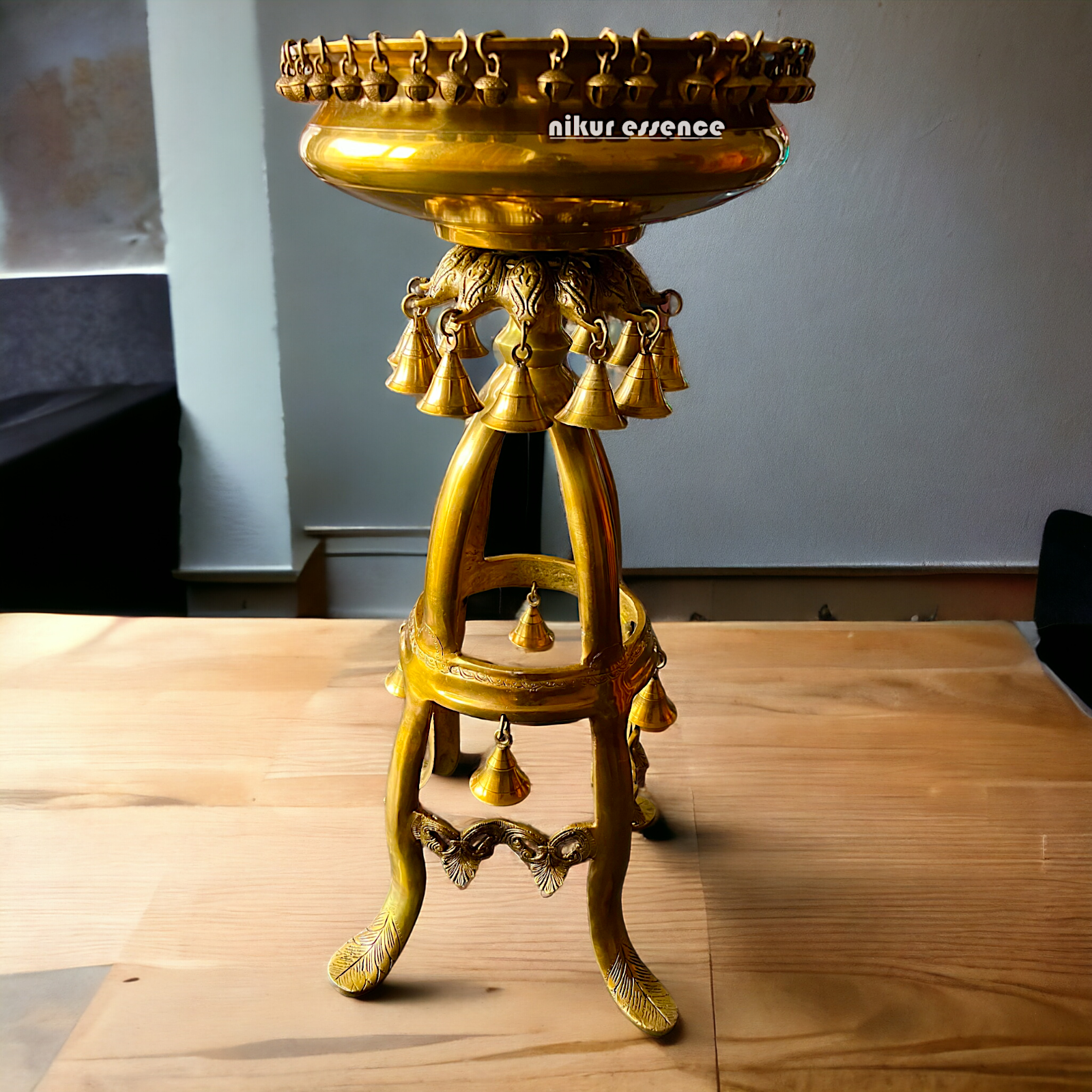 Large Solid Brass Urli Stand with Bells Ghungroo - 67 cm Nikuressence