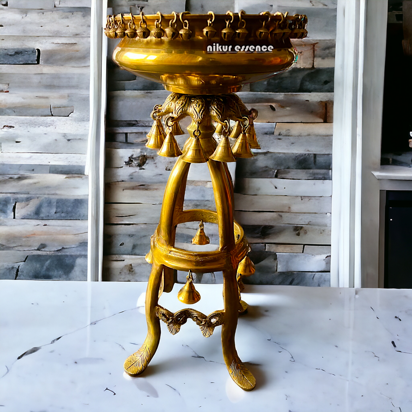 Large Solid Brass Urli Stand with Bells Ghungroo - 67 cm Nikuressence