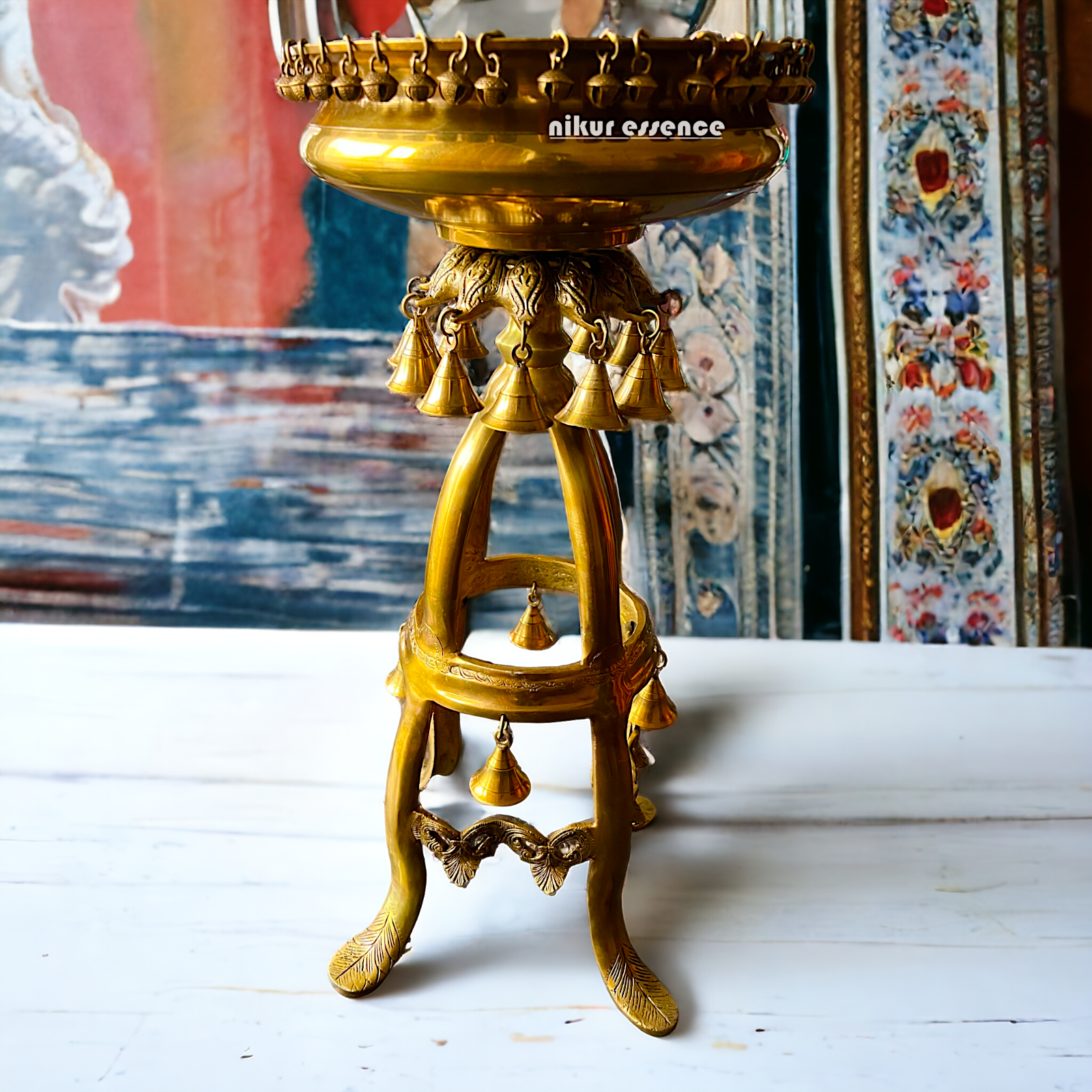Large Solid Brass Urli Stand with Bells Ghungroo - 67 cm Nikuressence