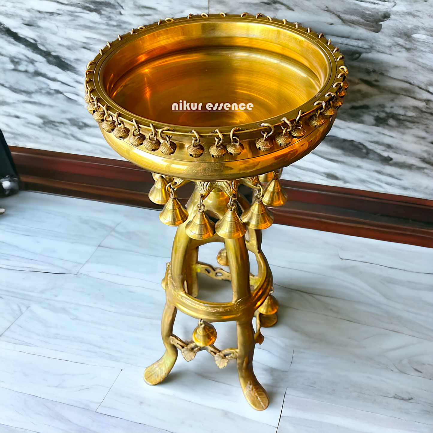 Large Solid Brass Urli Stand with Bells Ghungroo - 67 cm Nikuressence