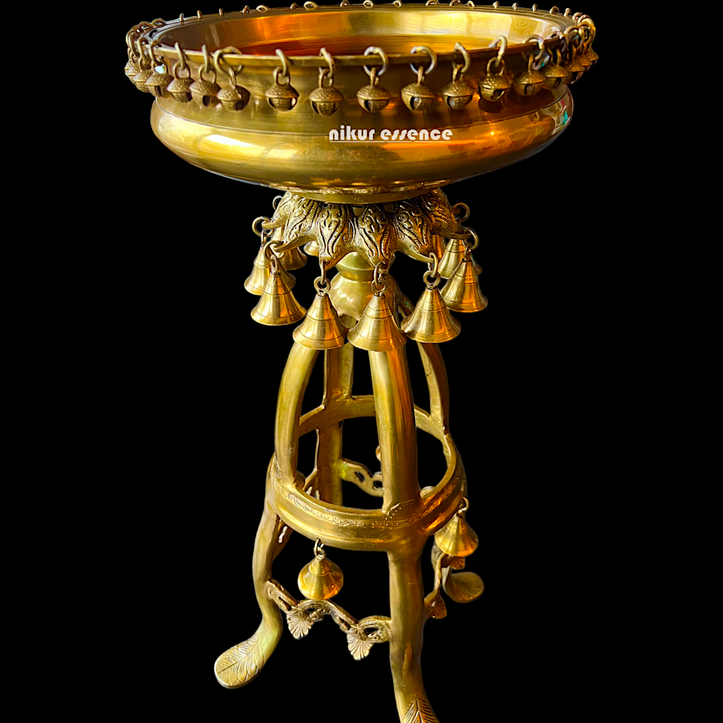 Large Solid Brass Urli Stand with Bells Ghungroo - 67 cm Nikuressence