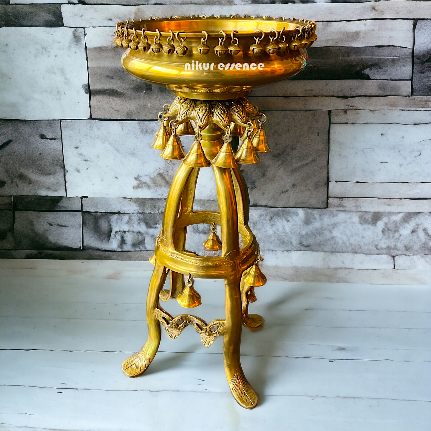 Large Solid Brass Urli Stand with Bells Ghungroo - 67 cm Nikuressence