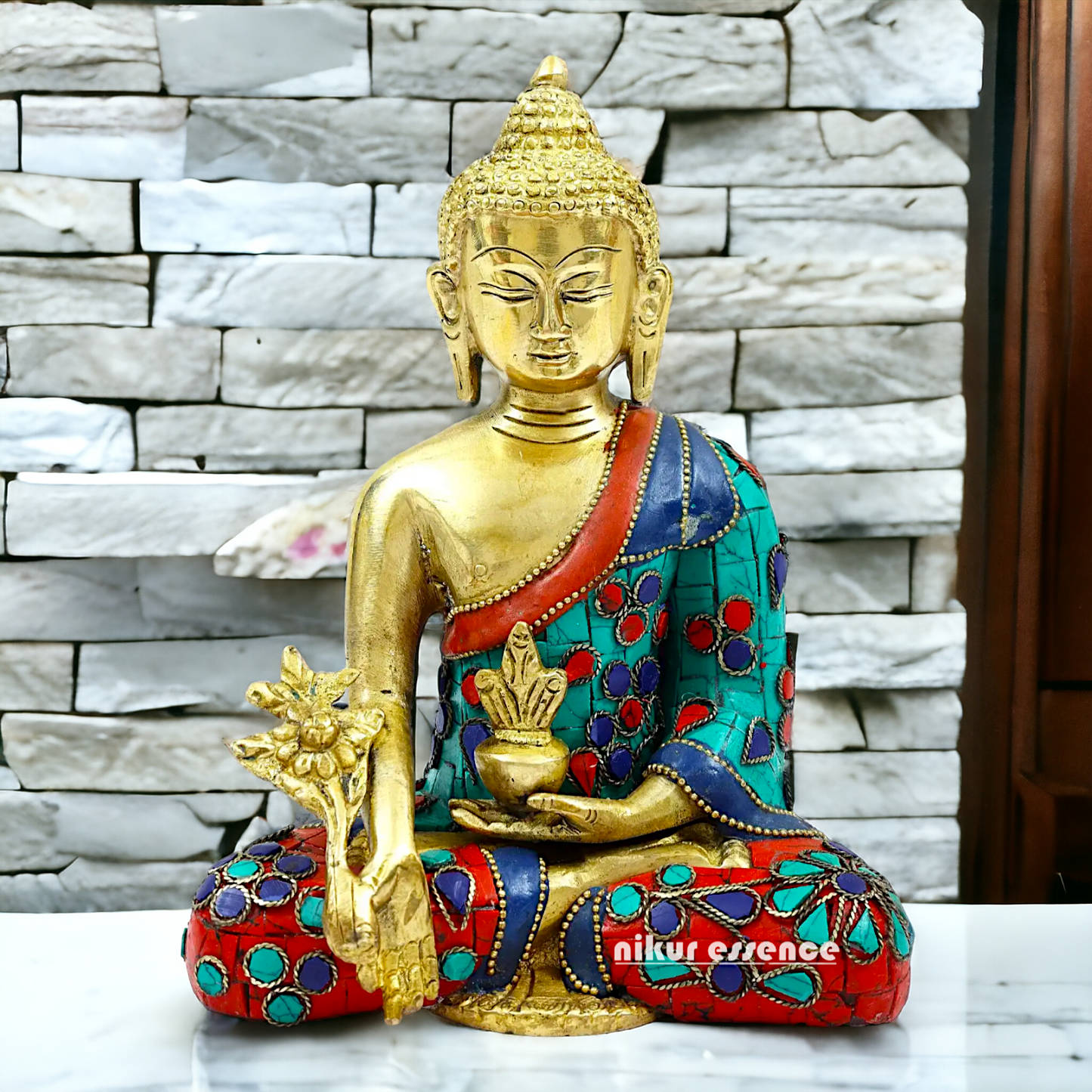 Shop Brass Buddha Sitting Idol Meditation with Stone Work - 8.071 inches Nikuressence