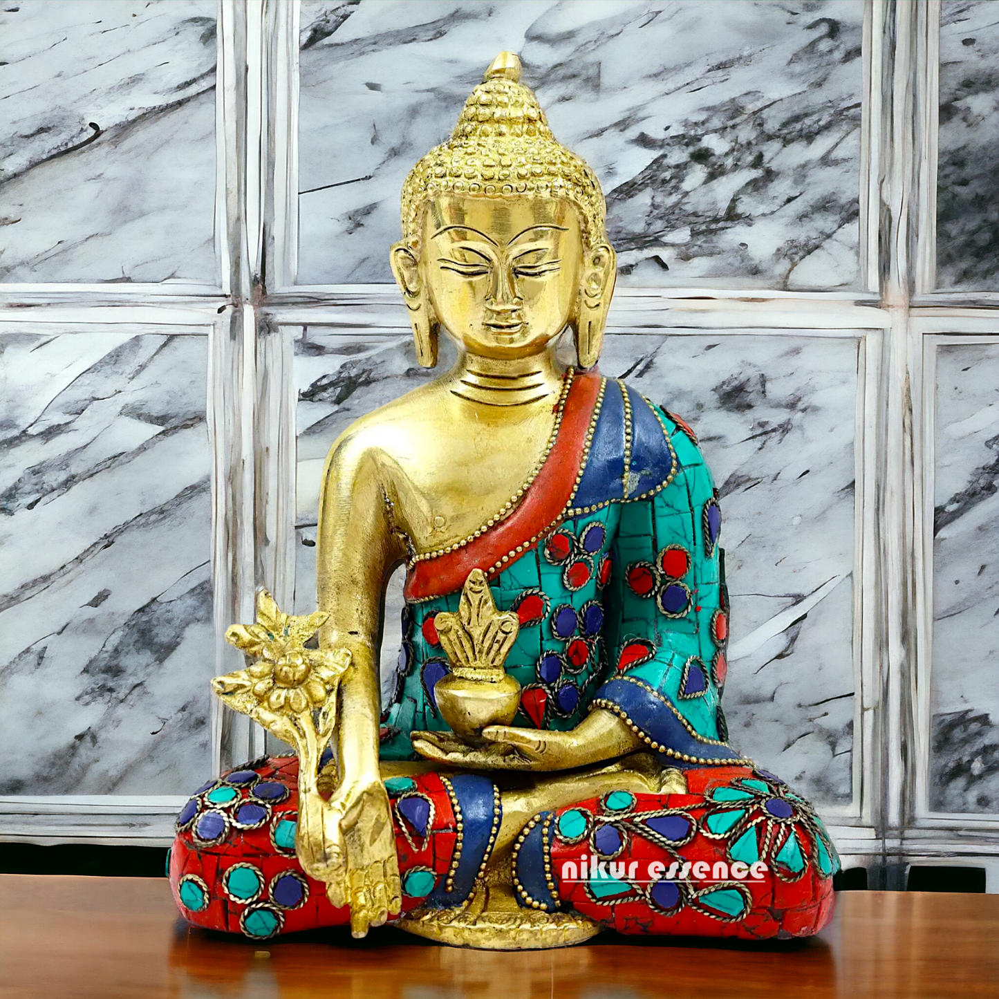 Shop Brass Buddha Sitting Idol Meditation with Stone Work - 8.071 inches Nikuressence