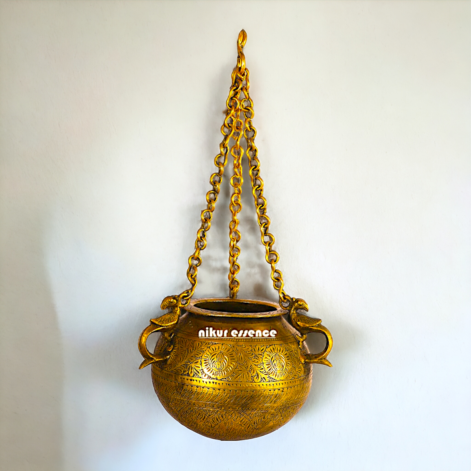 Large Pure Brass Vintage Hanging Pot Matka - 21.59 cm Nikuressence