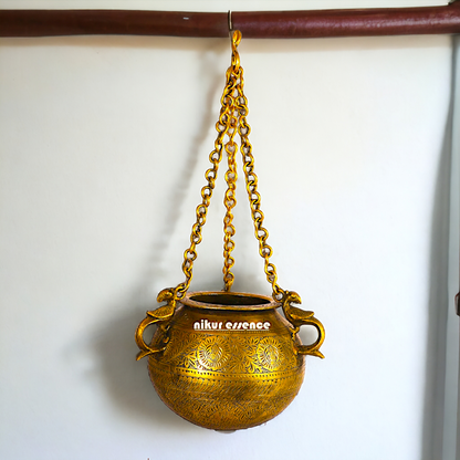 Large Pure Brass Vintage Hanging Pot Matka - 21.59 cm Nikuressence