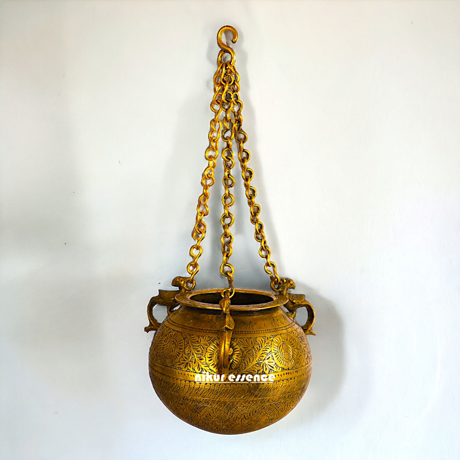 Large Pure Brass Vintage Hanging Pot Matka - 21.59 cm Nikuressence