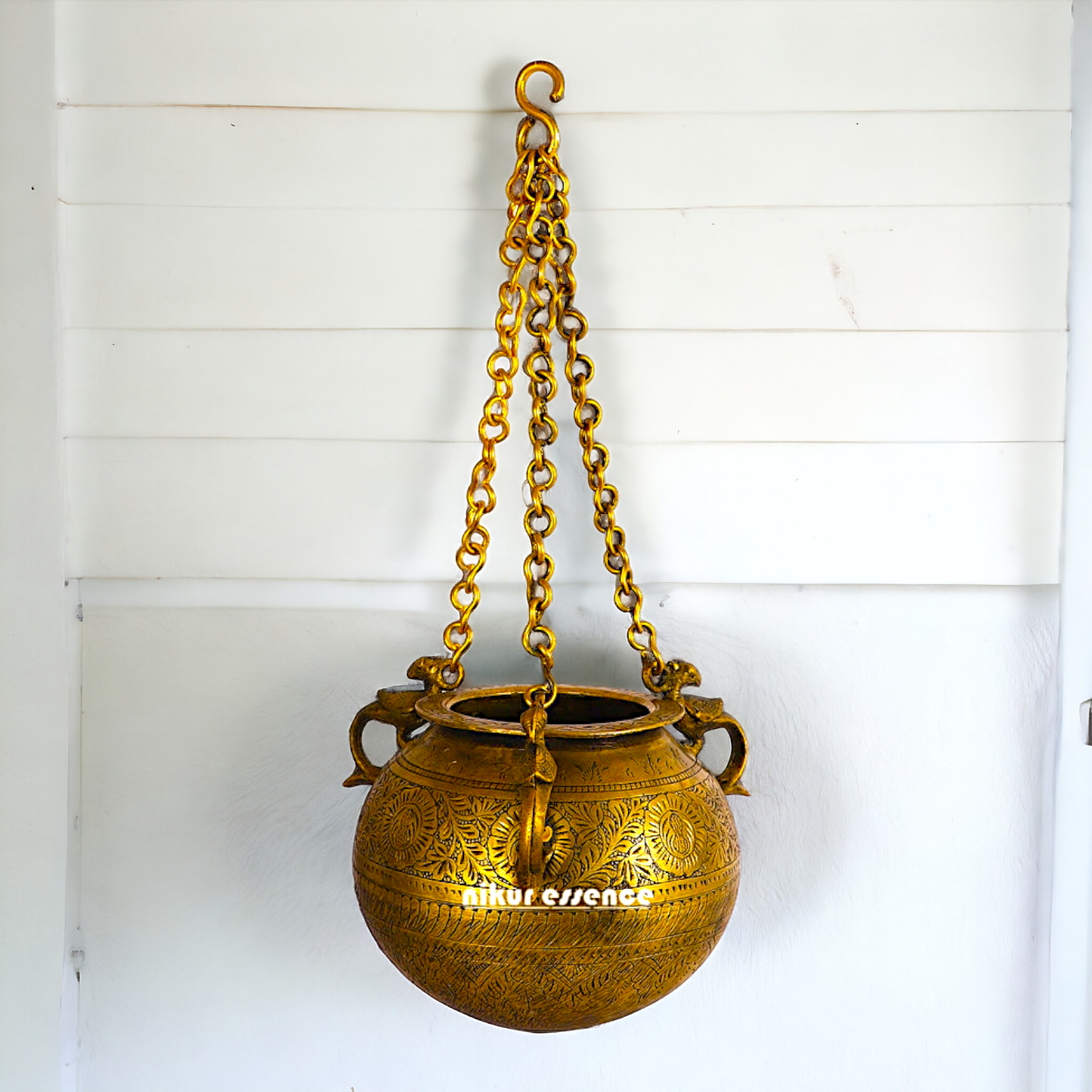 Large Pure Brass Vintage Hanging Pot Matka - 21.59 cm Nikuressence