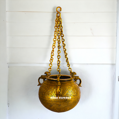 Large Pure Brass Vintage Hanging Pot Matka - 21.59 cm Nikuressence