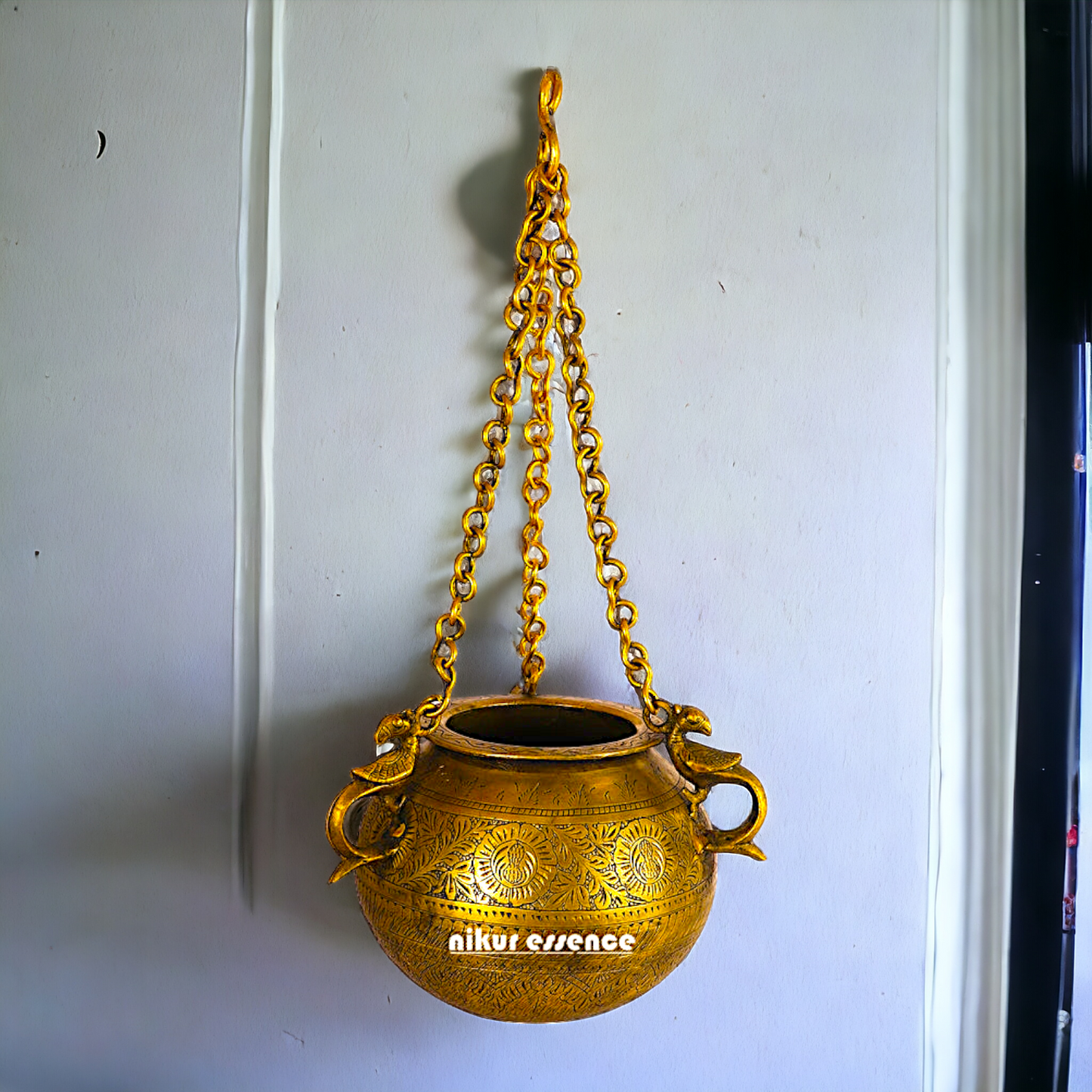 Large Pure Brass Vintage Hanging Pot Matka - 21.59 cm Nikuressence