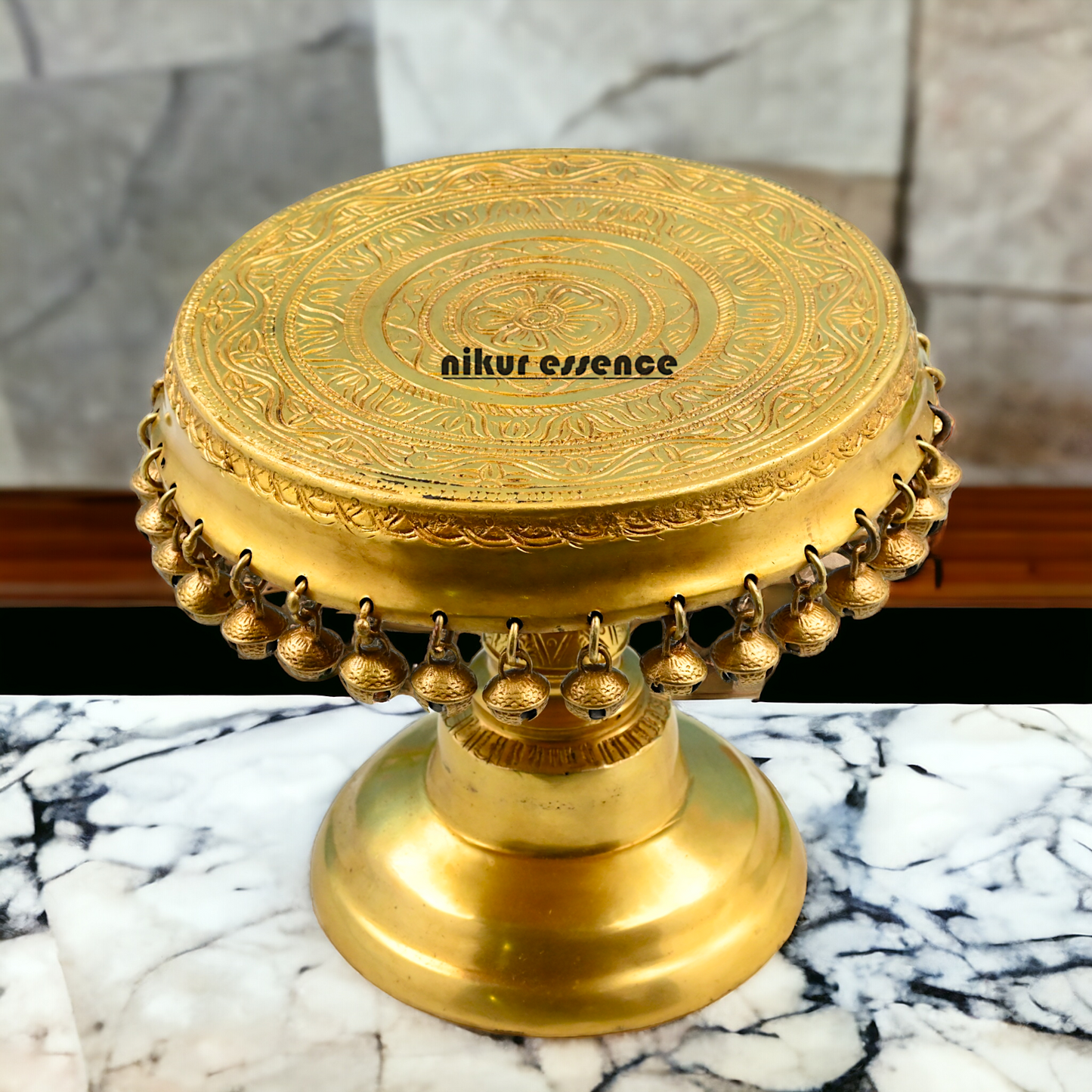 Buy Solid Brass Pooja Chowki with Bells ghungroo - 8 inch Nikuressence