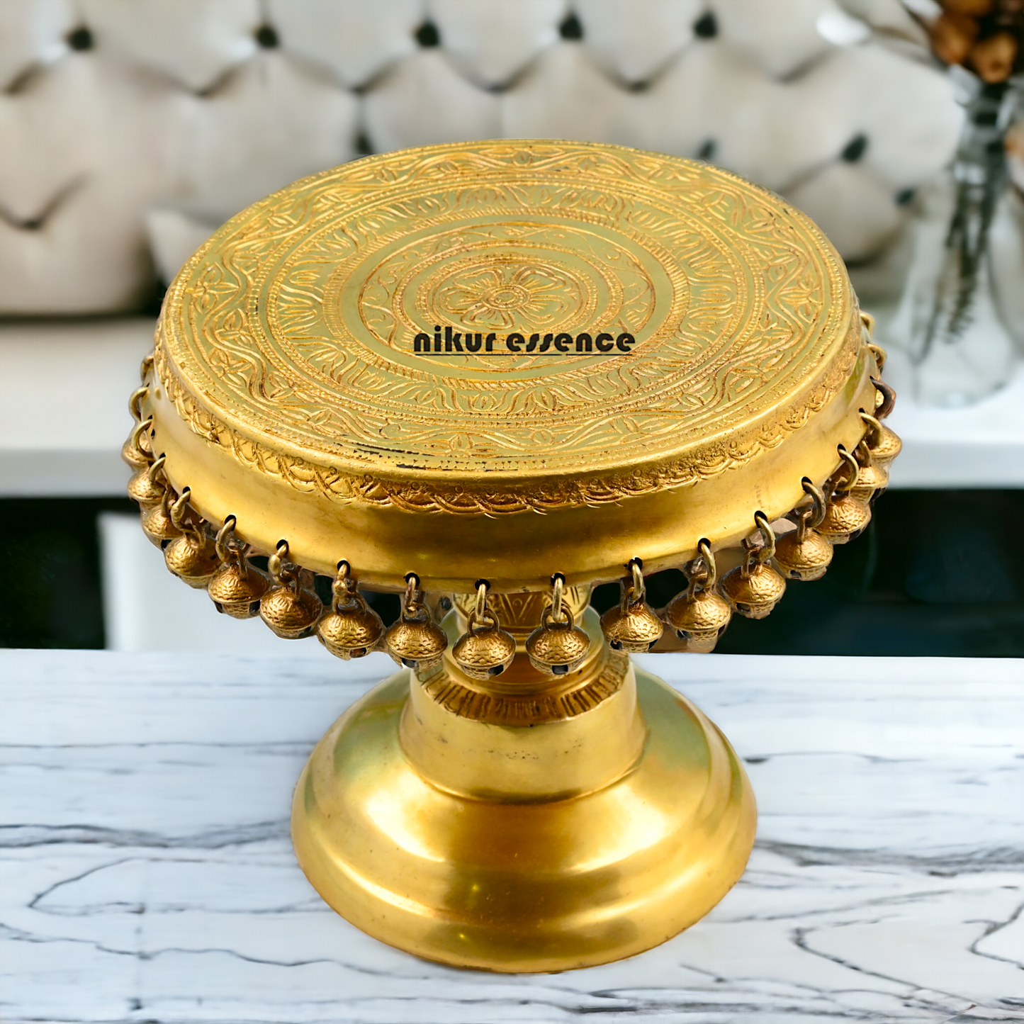 Buy Solid Brass Pooja Chowki with Bells ghungroo - 8 inch Nikuressence