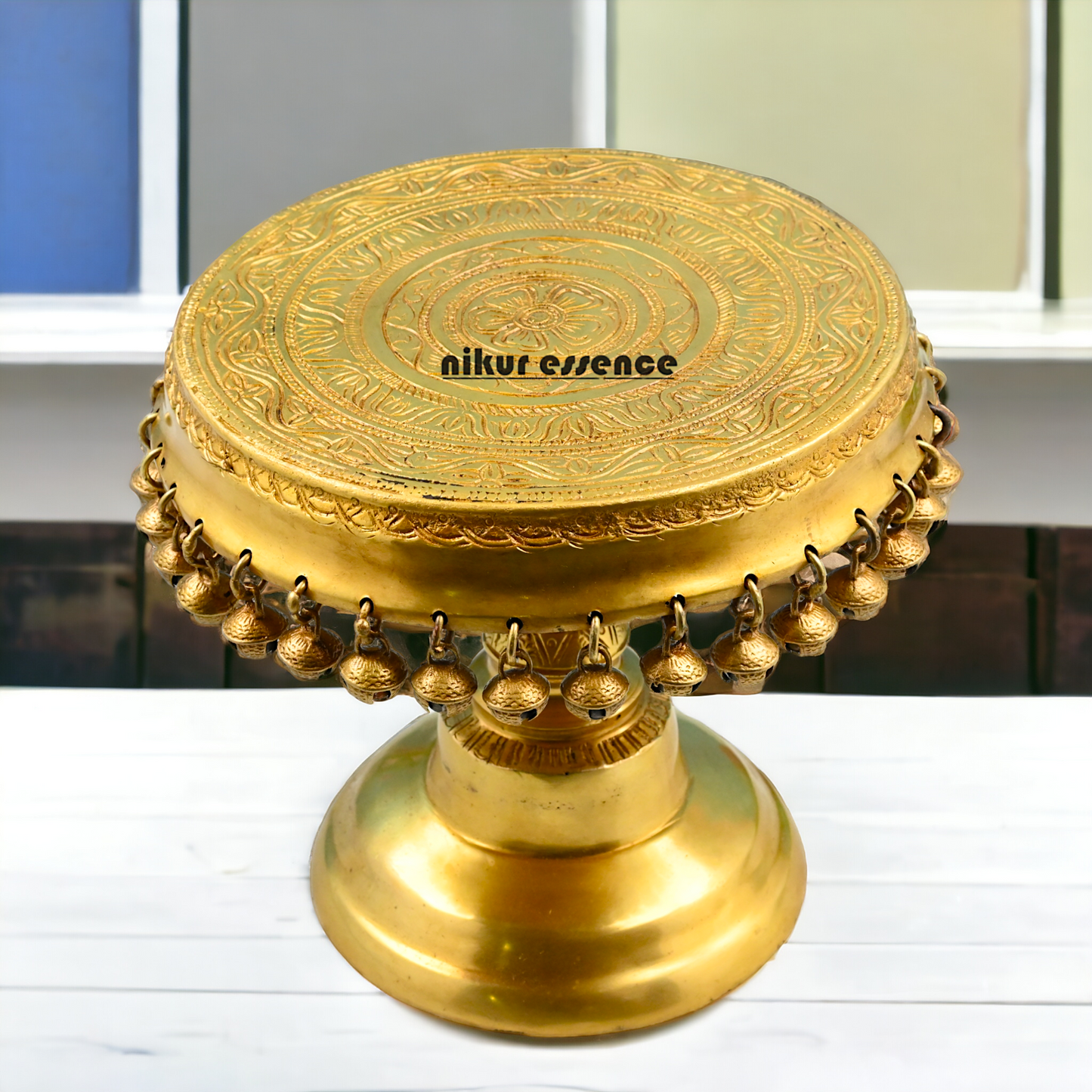 Buy Solid Brass Pooja Chowki with Bells ghungroo - 8 inch Nikuressence