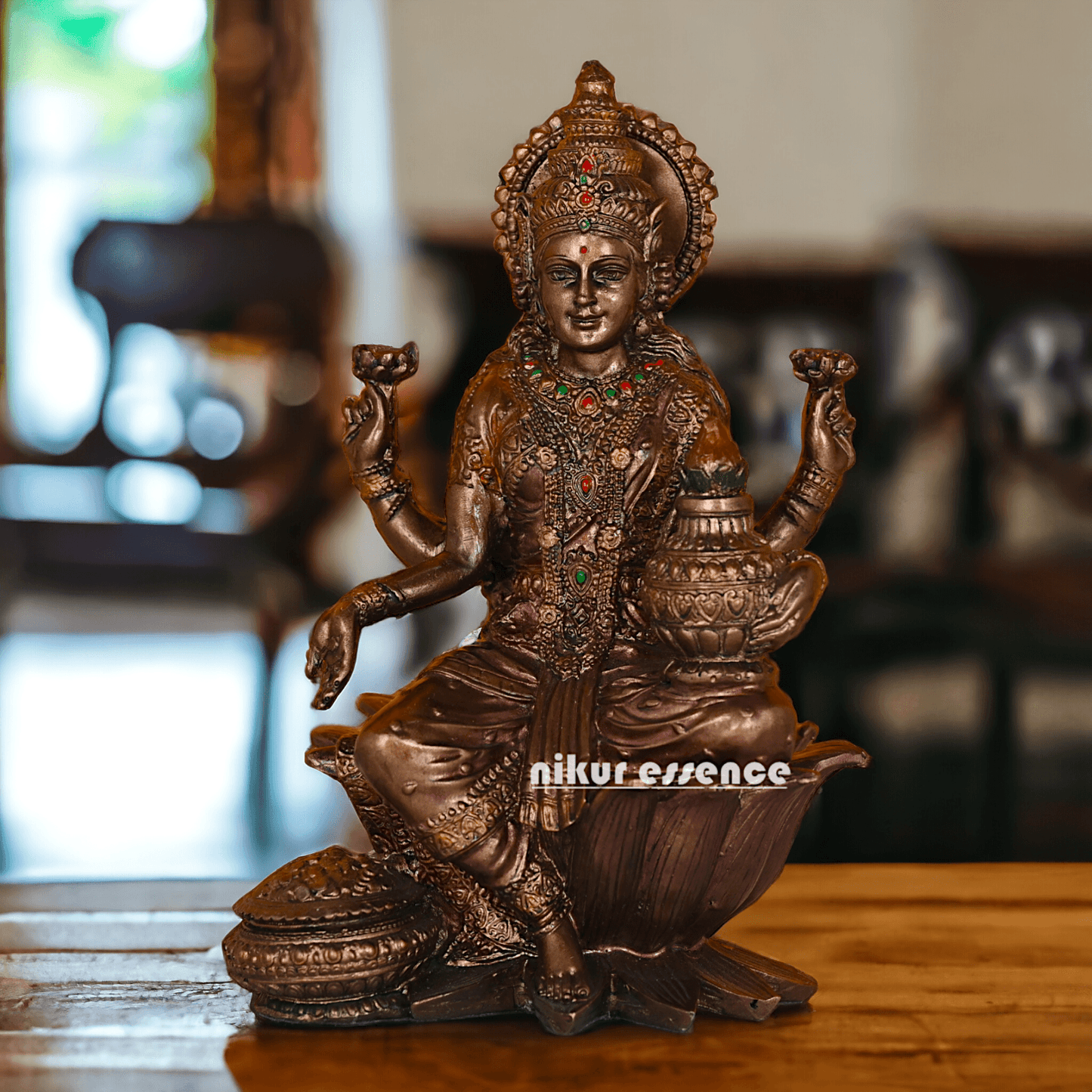 Bronze Lakshmi statue Seated on Lotus - Handcrafted Hindu Sculpture for Prosperity and Blessings Nikuressence