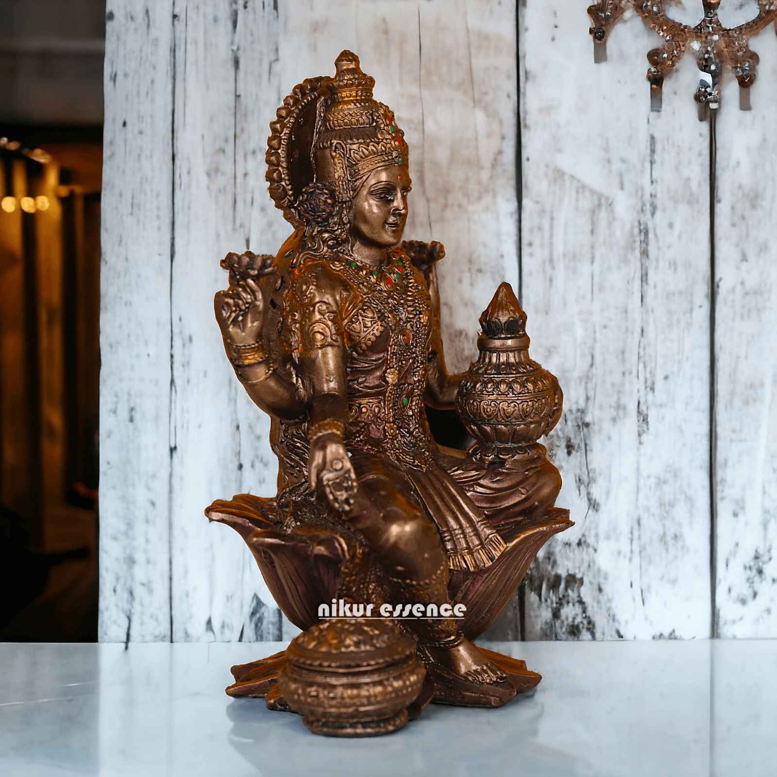 Bronze Lakshmi statue Seated on Lotus - Handcrafted Hindu Sculpture for Prosperity and Blessings Nikuressence