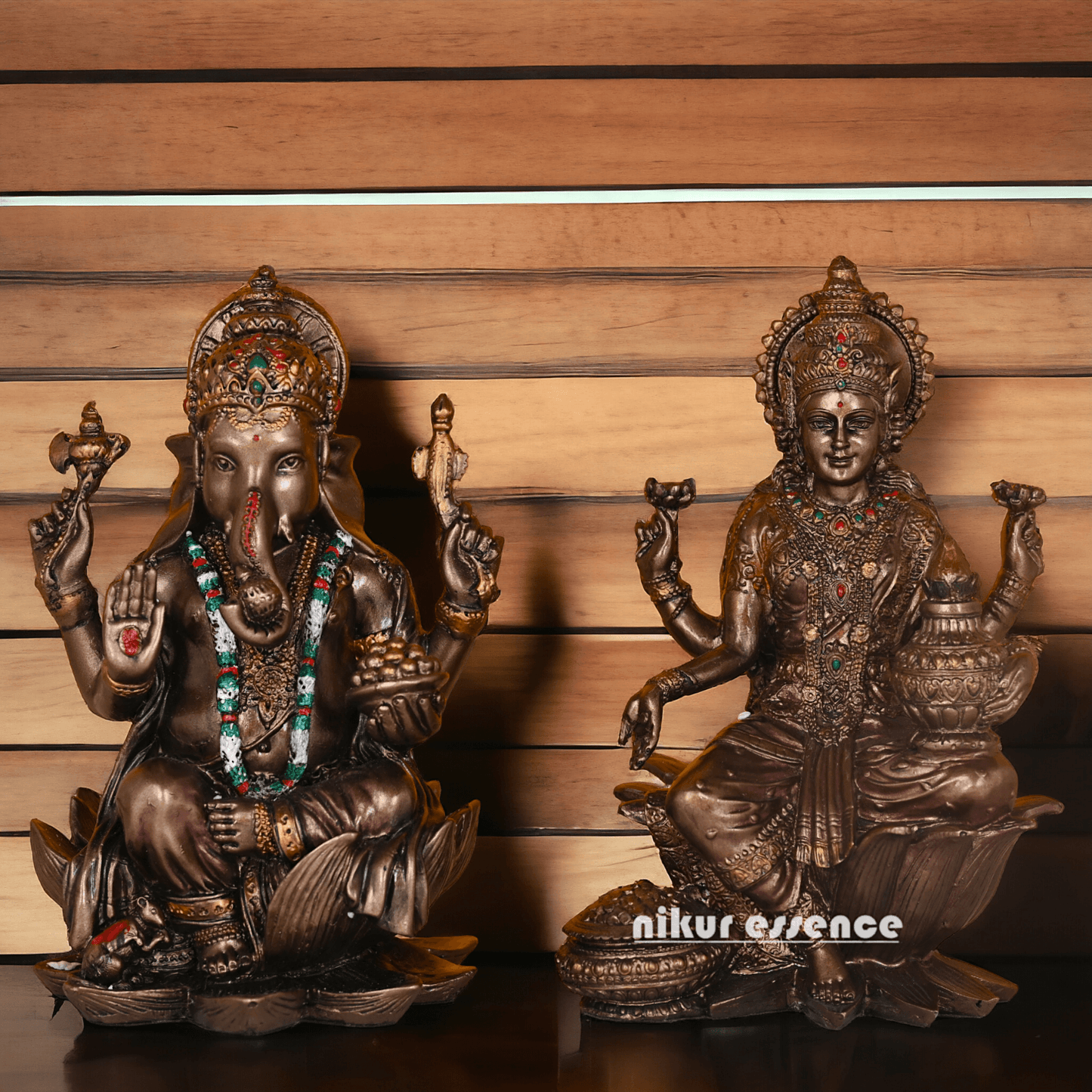 Bronze Lakshmi Ganesh Statue Sitting on Lotus Flower | 18.5 CM Height Nikuressence