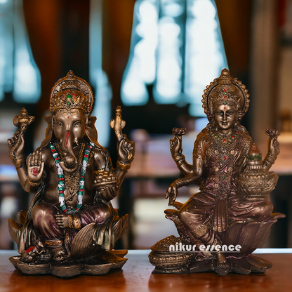 Bronze Lakshmi Ganesh Statue Sitting on Lotus Flower | 18.5 CM Height Nikuressence
