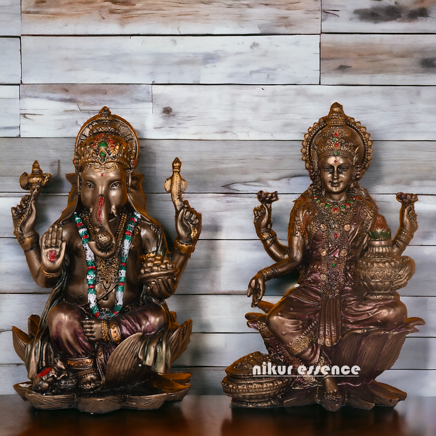 Bronze Lakshmi Ganesh Statue Sitting on Lotus Flower | 18.5 CM Height Nikuressence