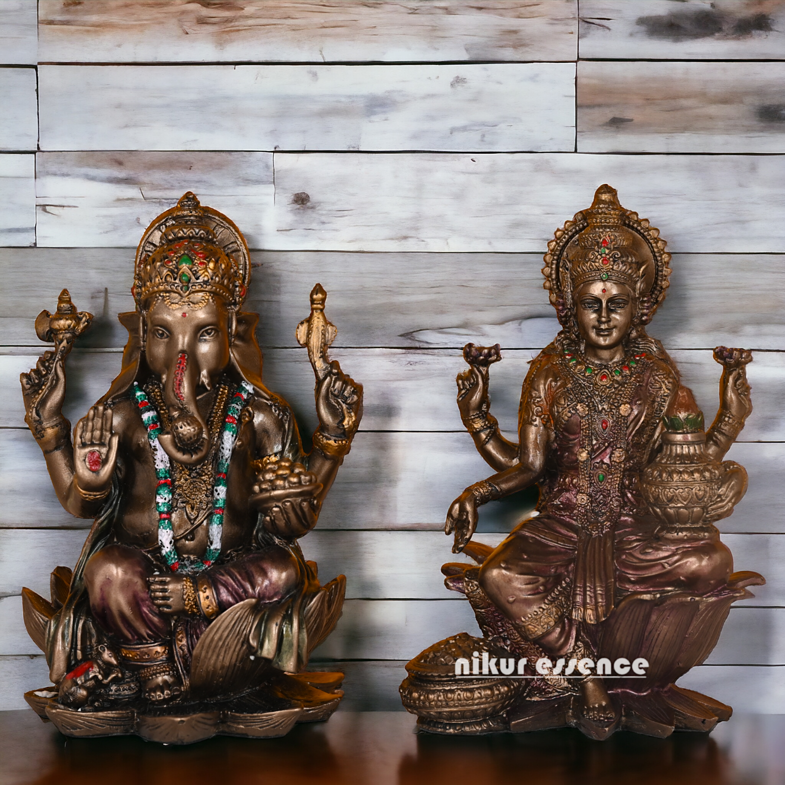 Bronze Lakshmi Ganesh Statue Sitting on Lotus Flower | 18.5 CM Height Nikuressence