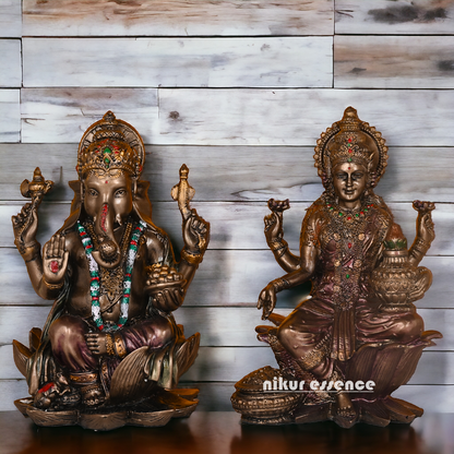 Bronze Lakshmi Ganesh Statue Sitting on Lotus Flower | 18.5 CM Height Nikuressence