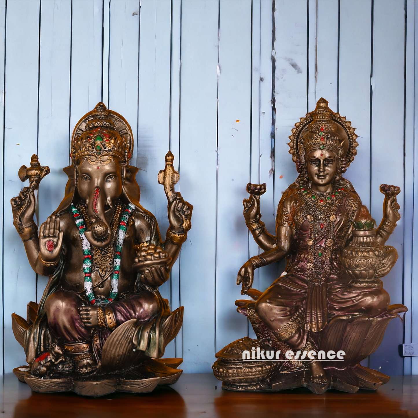 Bronze Lakshmi Ganesh Statue Sitting on Lotus Flower | 18.5 CM Height Nikuressence