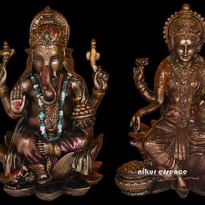 Bronze Lakshmi Ganesh Statue Sitting on Lotus Flower | 18.5 CM Height Nikuressence