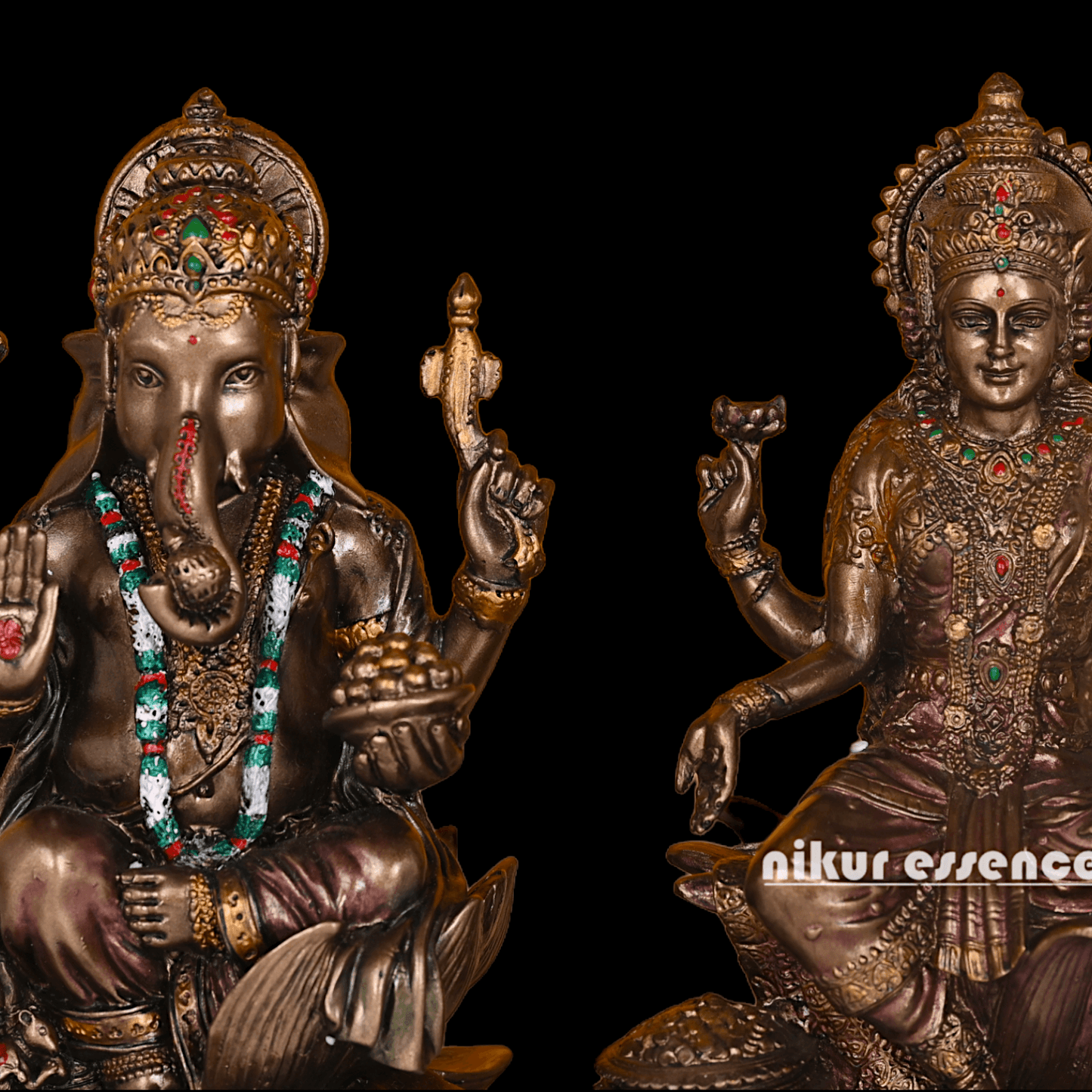 Bronze Lakshmi Ganesh Statue Sitting on Lotus Flower | 18.5 CM Height Nikuressence