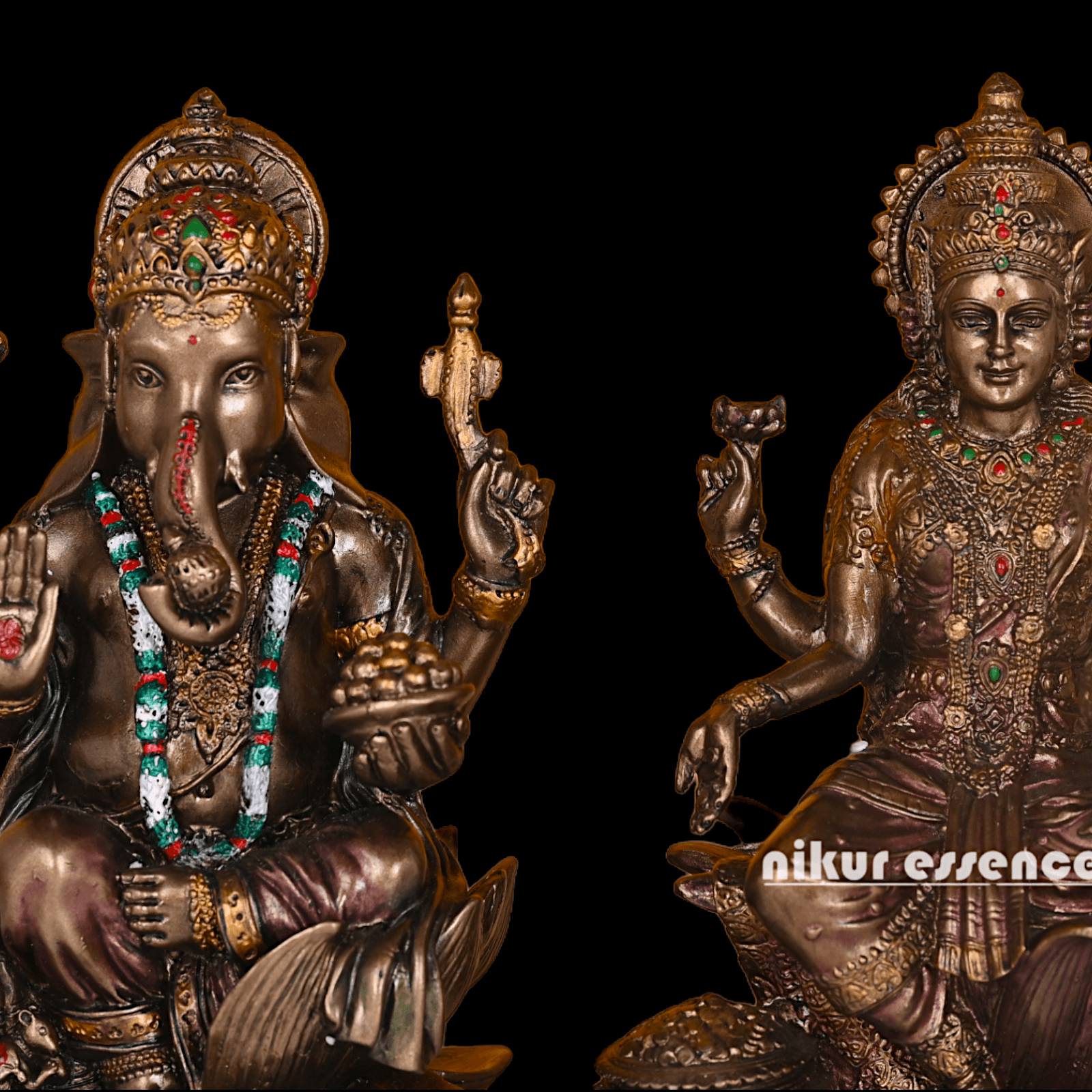 Bronze Lakshmi Ganesh Statue Sitting on Lotus Flower | 18.5 CM Height Nikuressence