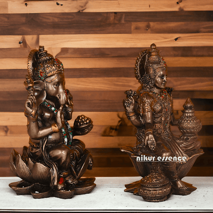 Bronze Lakshmi Ganesh Statue Sitting on Lotus Flower | 18.5 CM Height Nikuressence