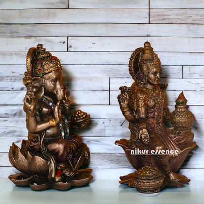 Bronze Lakshmi Ganesh Statue Sitting on Lotus Flower | 18.5 CM Height Nikuressence